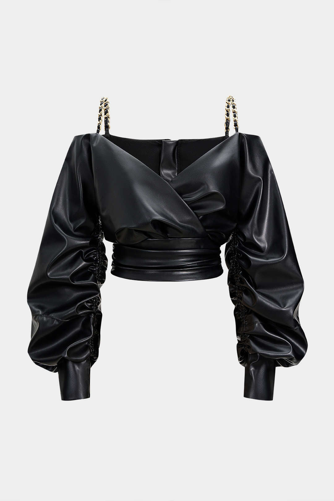 Faux Leather Metallic Crossed Long-Sleeve Shirt
