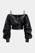 Faux Leather Metallic Crossed Long-Sleeve Shirt