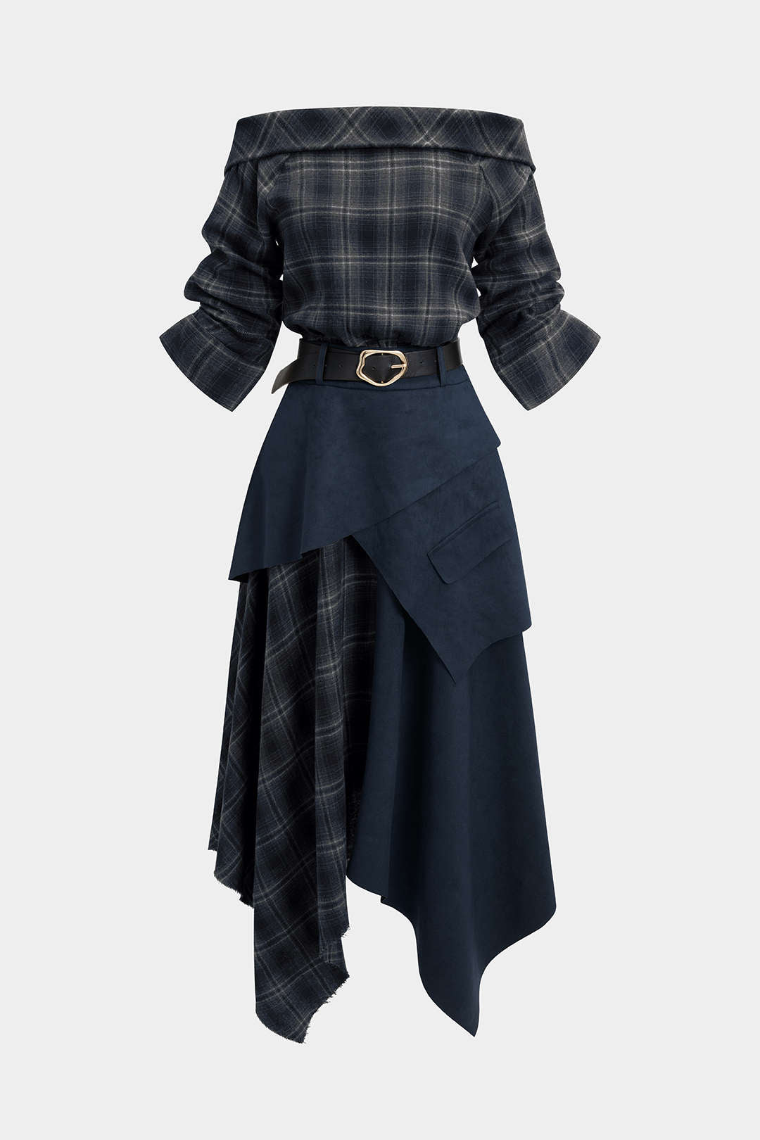 Plaid Print Suede Off Shoulder Zipper Belted Long Sleeve Midi Dress
