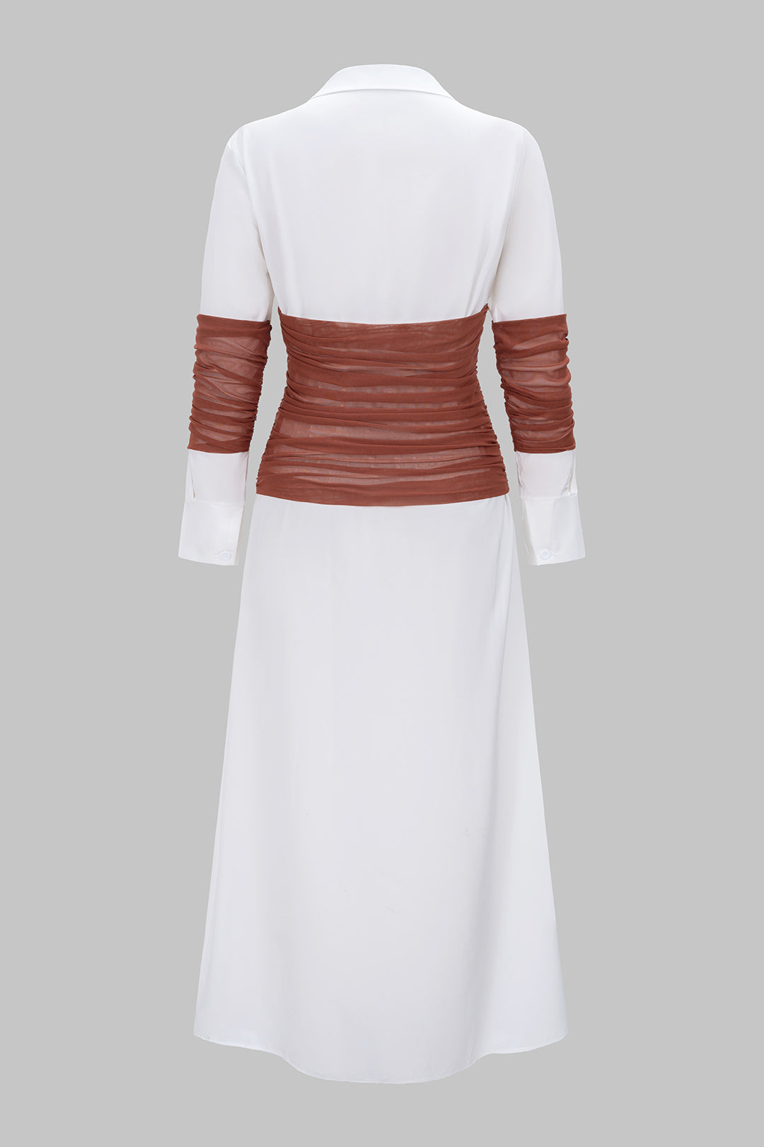 Patchwork Mesh Ruched Lapel Long Sleeve Midi Dress