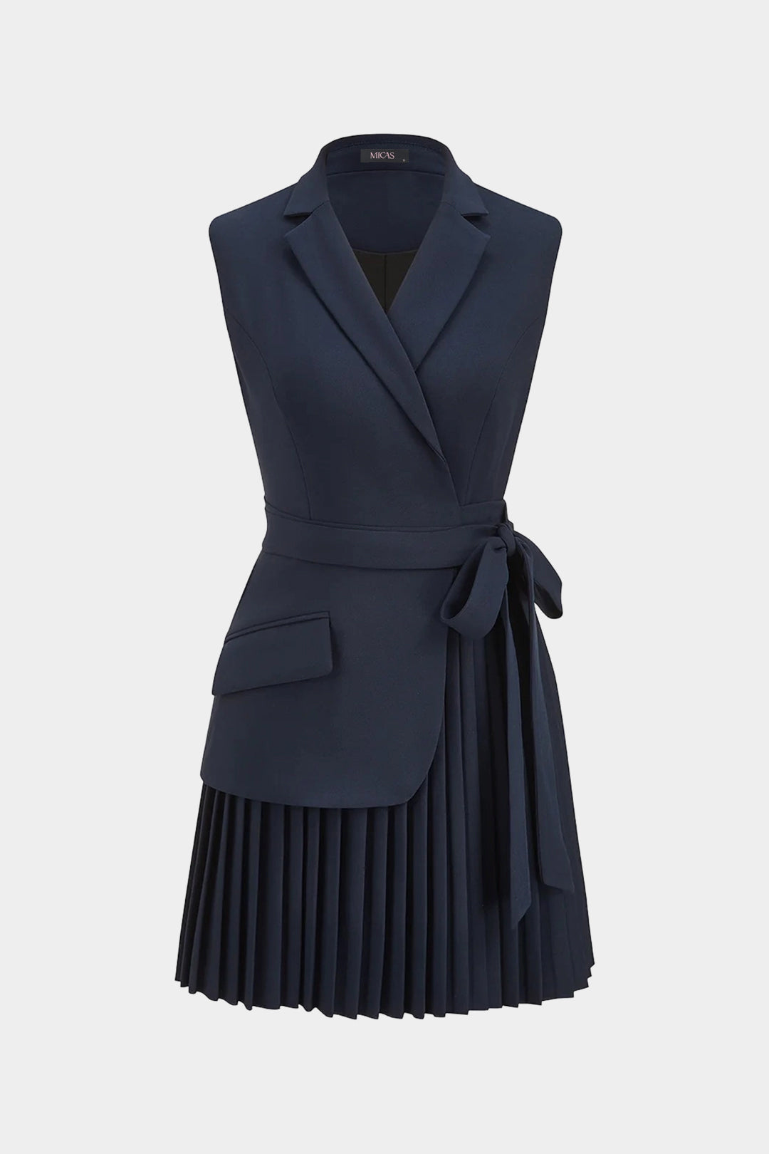 Notched Lapel Tie-Up Pleated Sleeveless Mini Dress