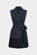 Notched Lapel Tie-Up Pleated Sleeveless Mini Dress