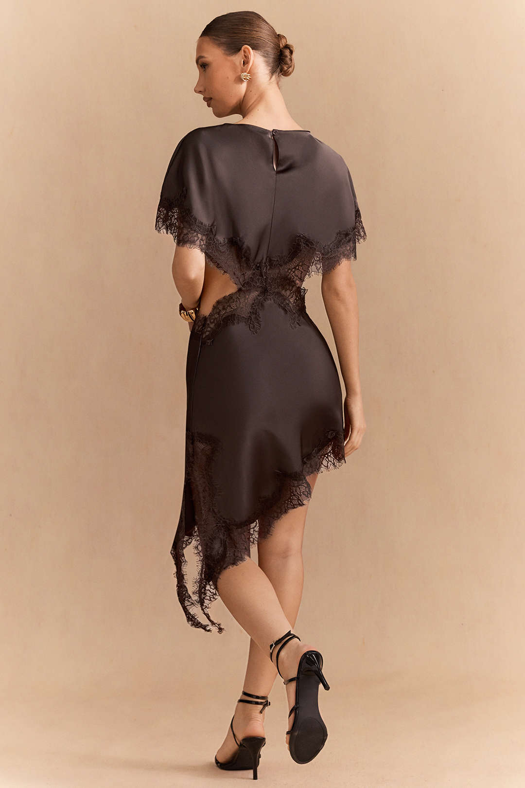 Satin Patchwork Lace Trim Cut Out Short Sleeve Midi Dress