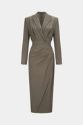 Ruched Notched Lapel Asymmetrical Long Sleeve Maxi Dress