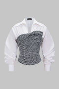 Tweed Patchwork Asymmetrical Gigot Long-Sleeve Shirt