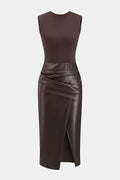 Faux Leather Patchwork Ruched Sleeveless Midi Dress