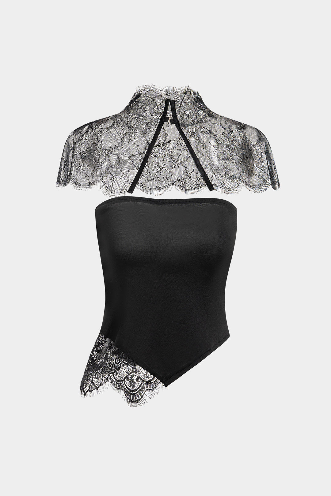 Lace Trim Patchwork Asymmetrical Tube Top With Sheer Shawl