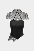 Lace Trim Patchwork Asymmetrical Tube Top With Sheer Shawl