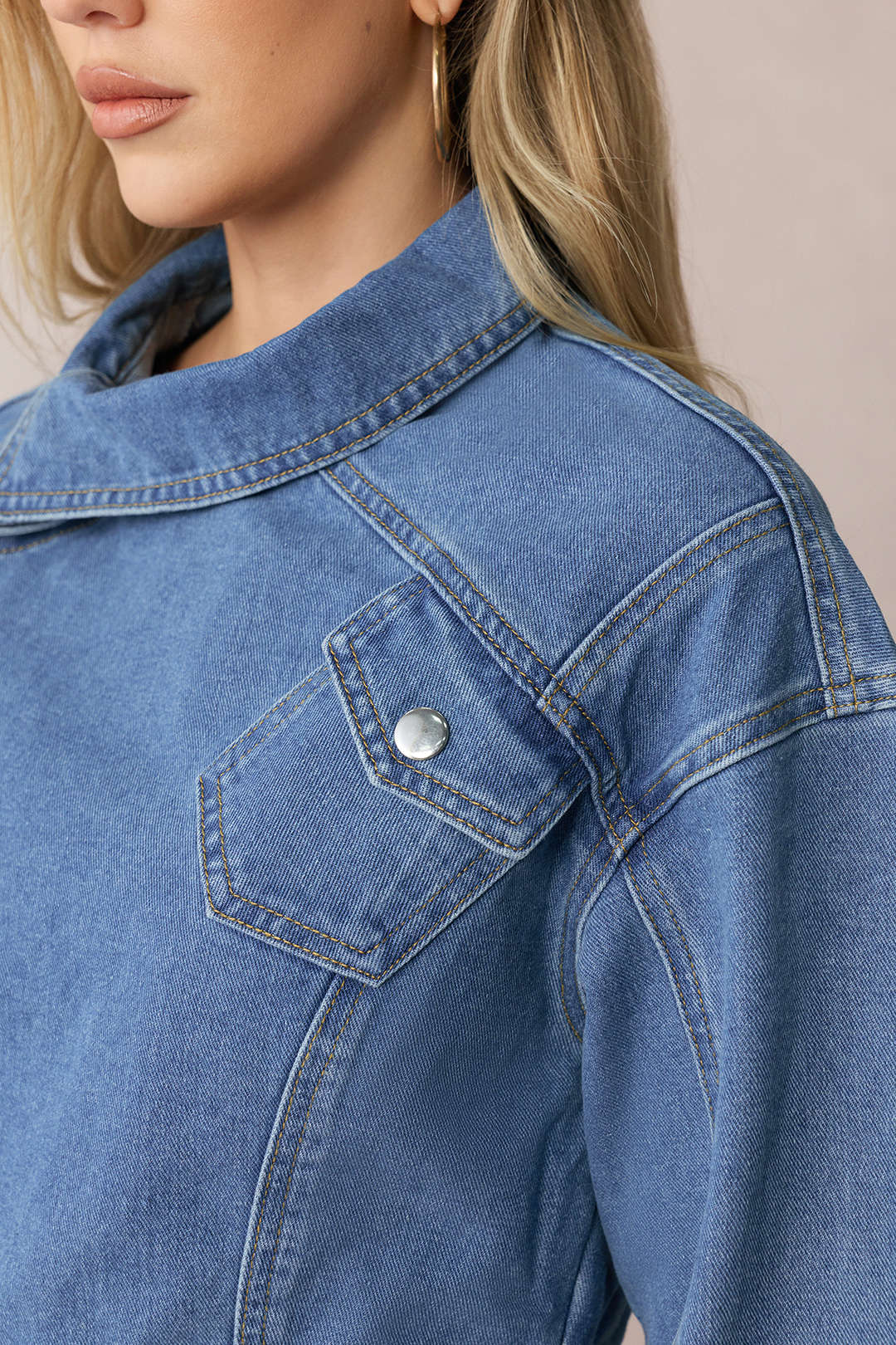Denim  Asymmetrical Zipper Long-Sleeve Top
