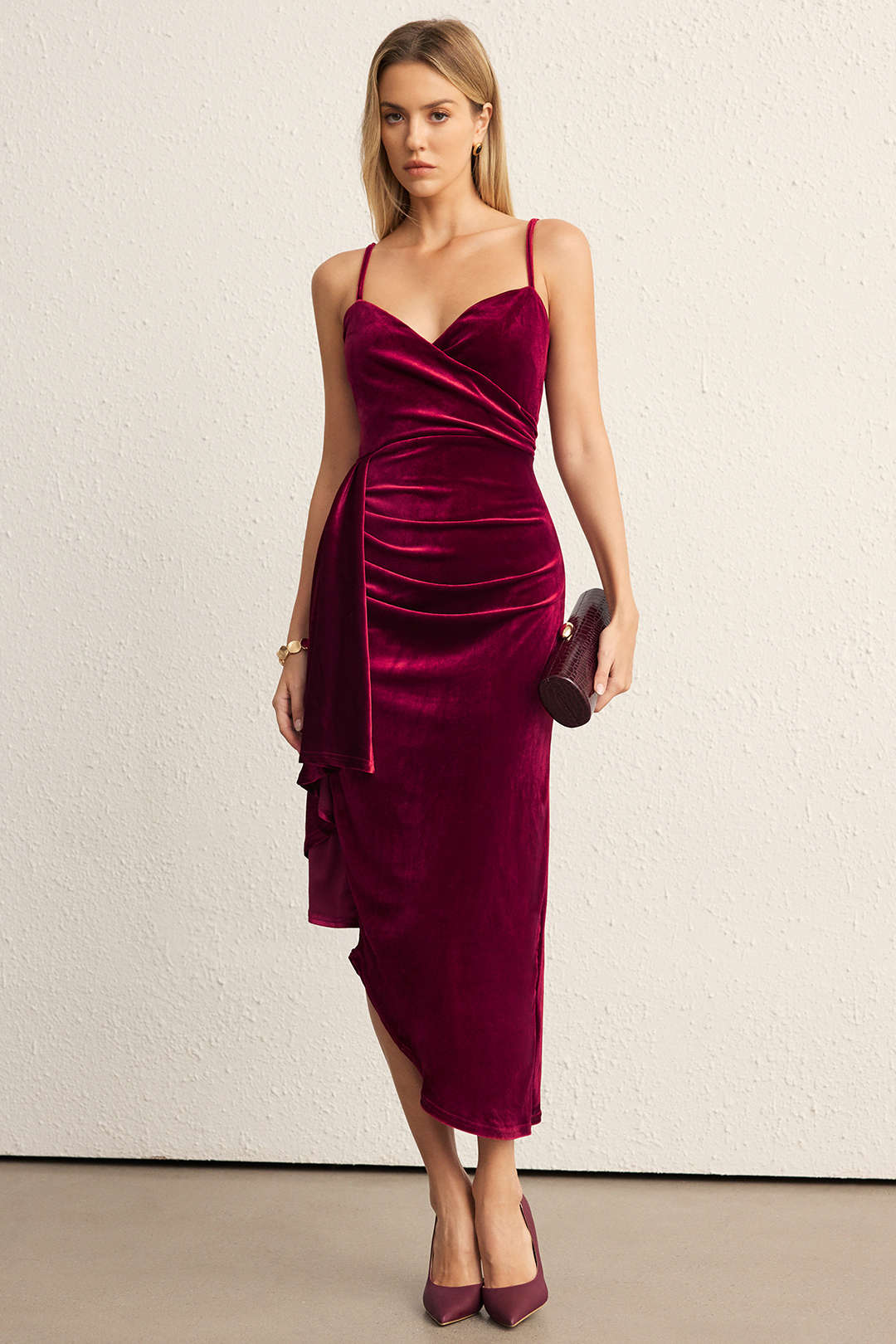 Velvet Ruched Sleeveless Slip Midi Dress