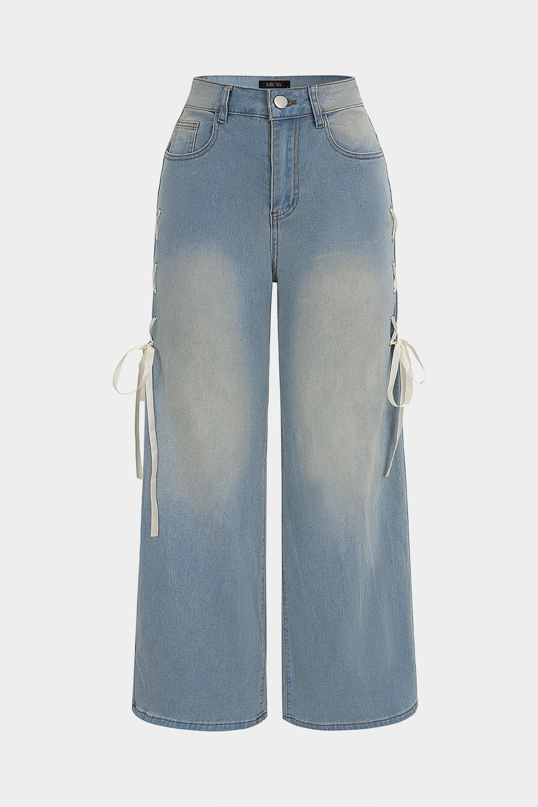 Denim Crossed Tie-Up High Waist Straight Leg Jeans