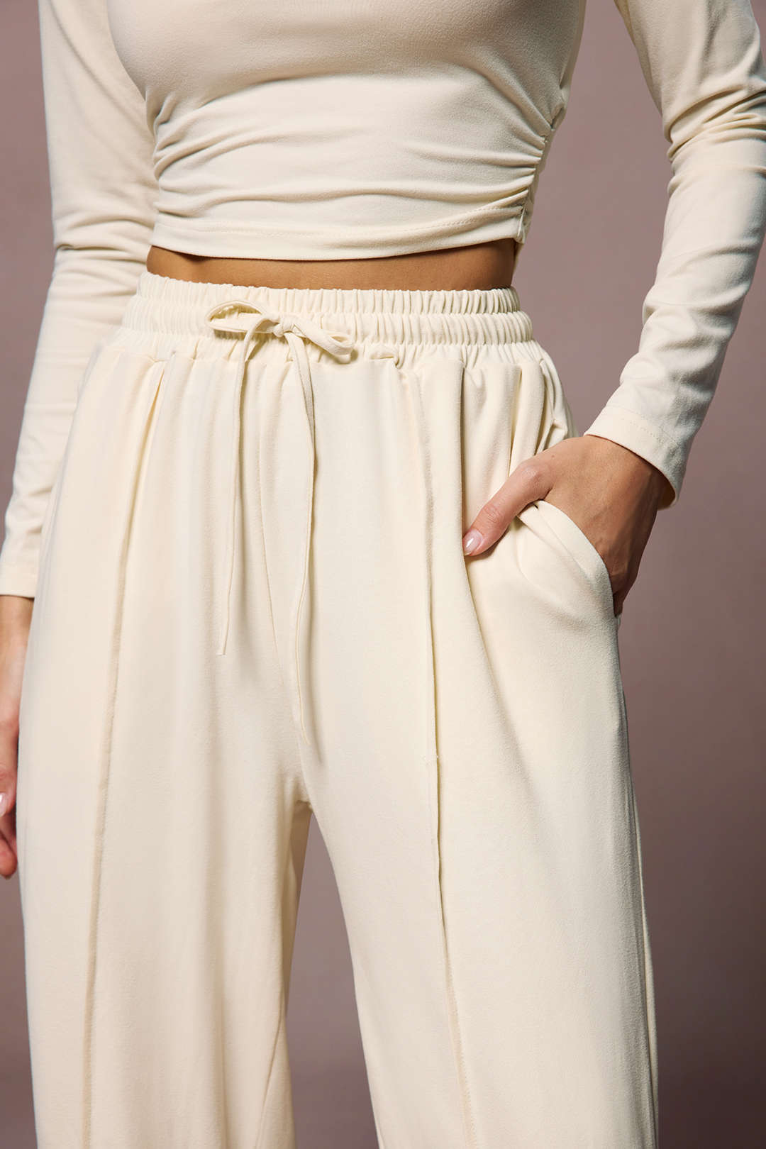 Ruched Long-Sleeve Top And Tie-Up High Waist Wide Leg Trousers Set
