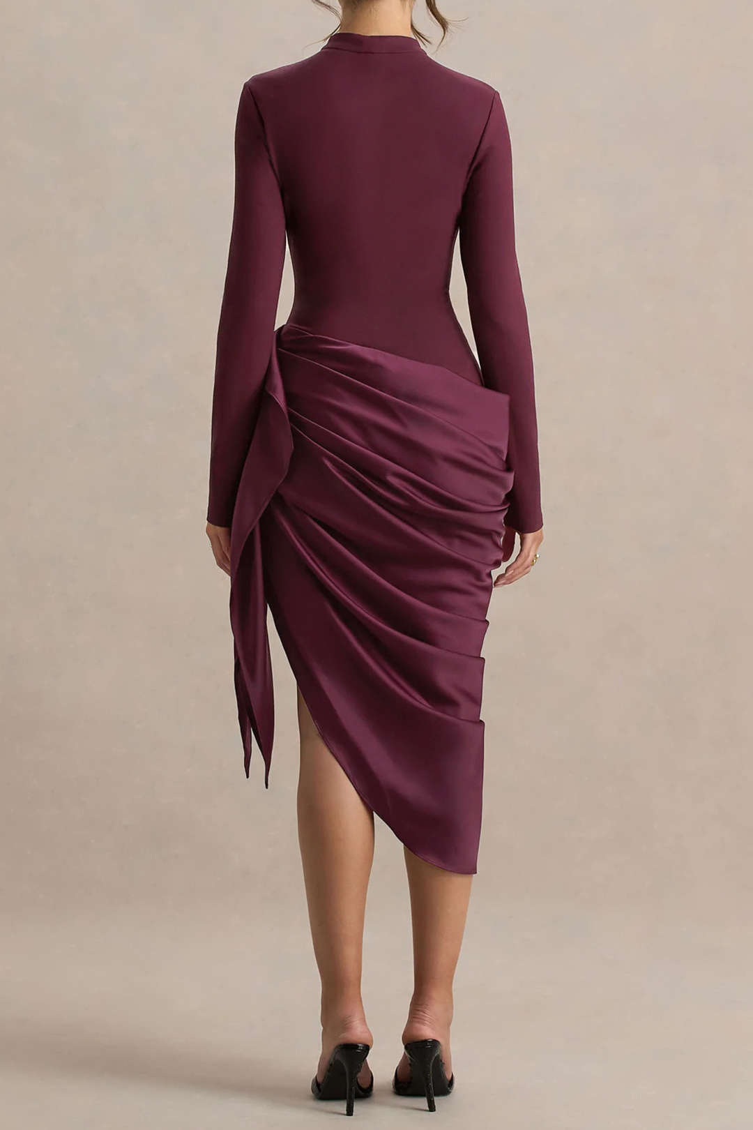 Satin Patchwork Ruched Asymmetrical Long Sleeve Midi Dress