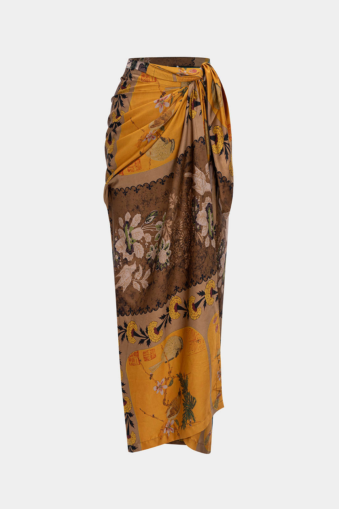 Retro Print Satin Tie Front Skirt