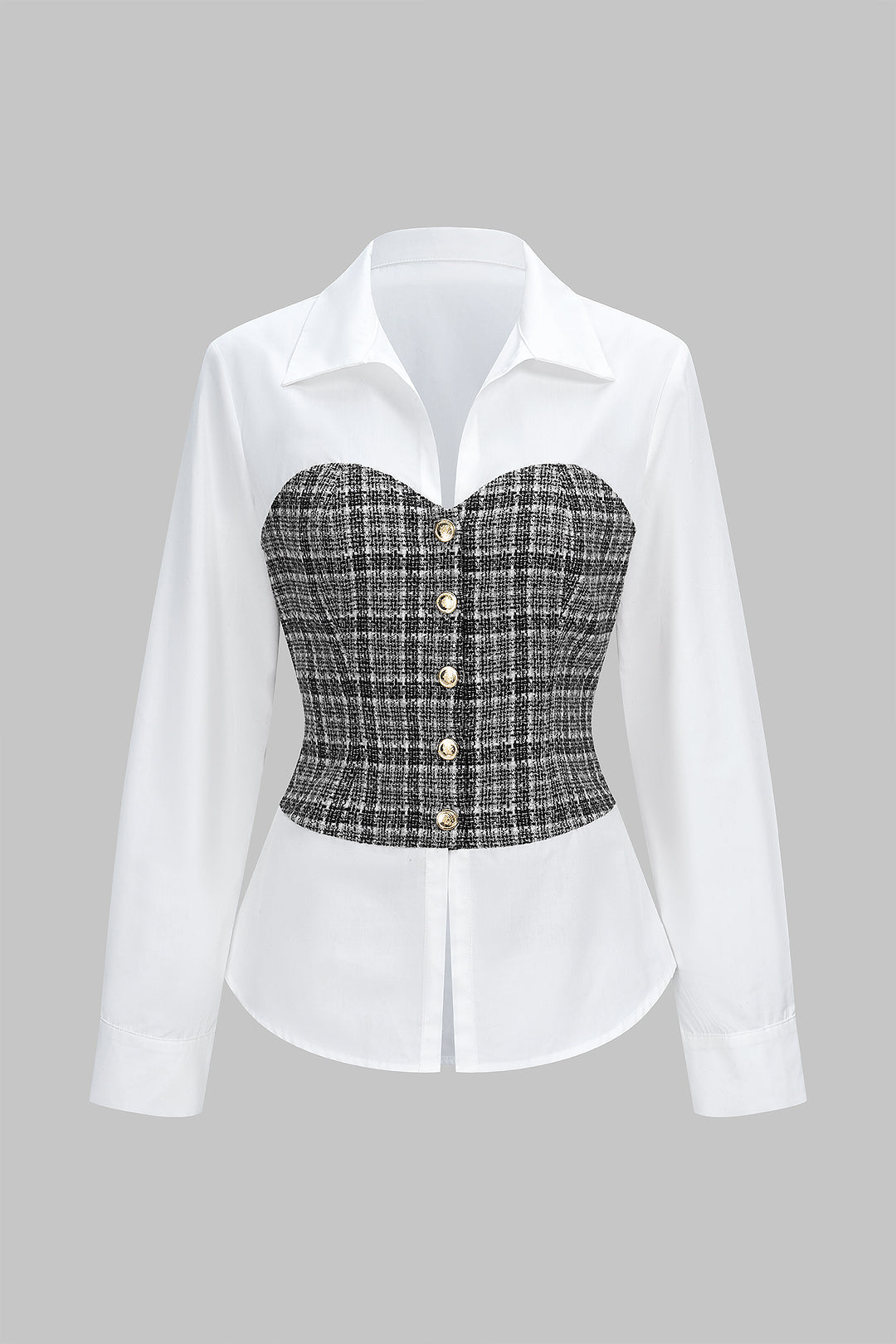Tweed Plaid Print Patchwork Button Long-Sleeve Top