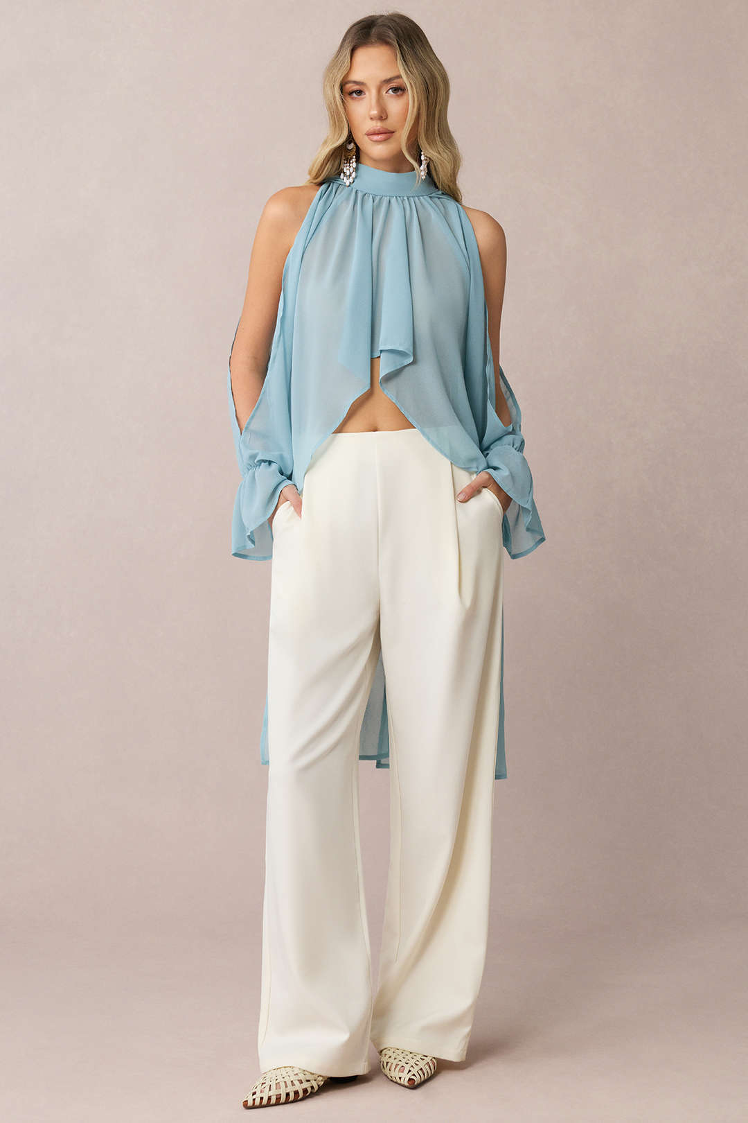Chiffon Halter Neck Tie Back Cut Out Ruched Long-Sleeve Shirt