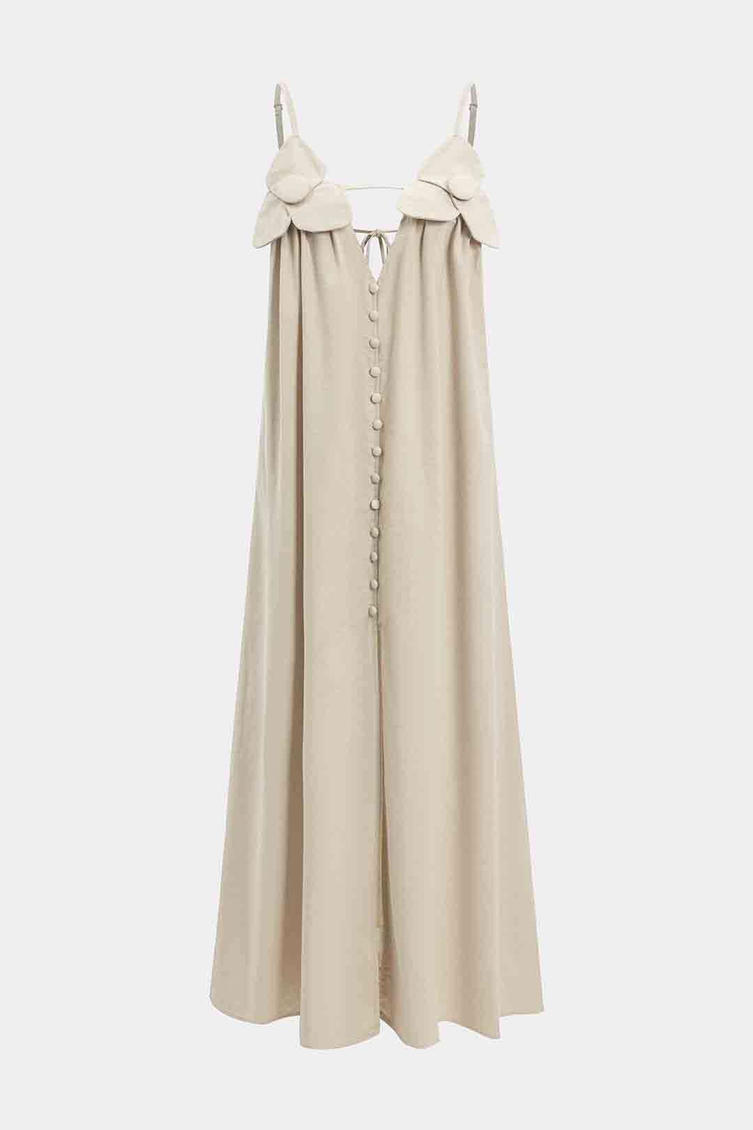Linen 3D Floral V-Neck Button Sleeveless Slip Maxi Dress