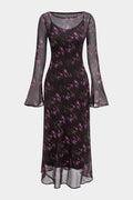 Abstract Leopard Print Chiffon Ruched Long Sleeve Maxi Dress