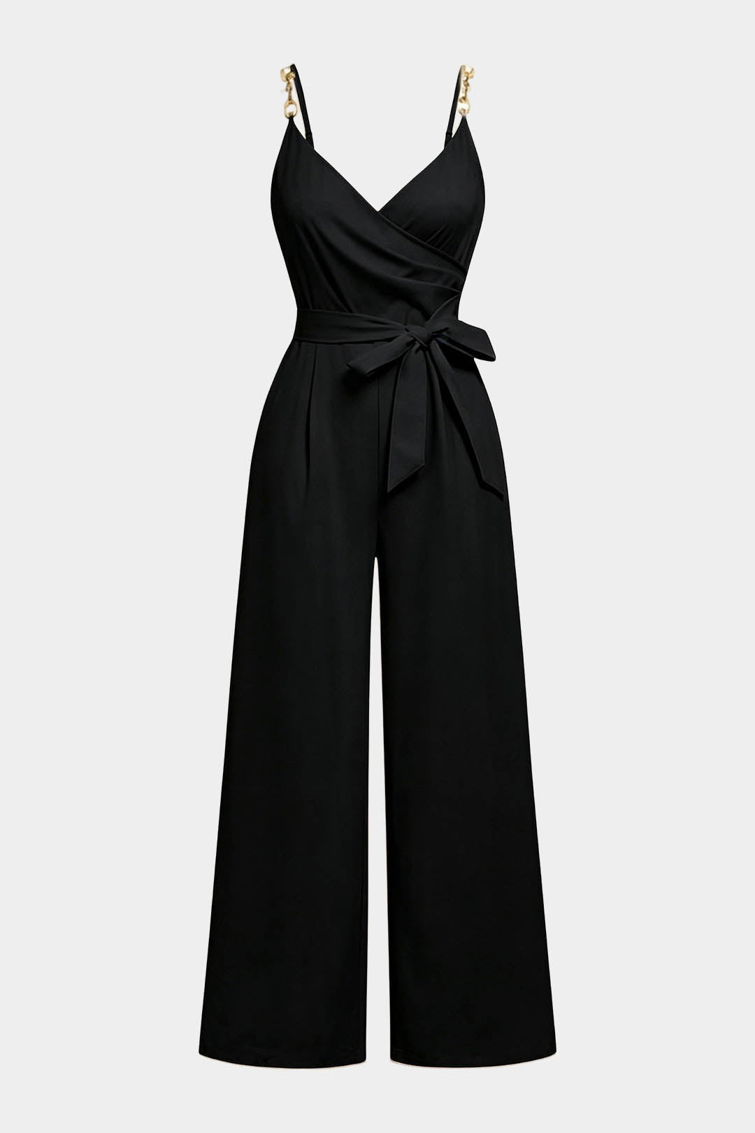 Crossed V-Neck Tie Front Metallic Chain Sleeveless Jumpsuit