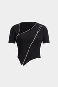 Asymmetrical Zipper Round Neck Short-Sleeve Top