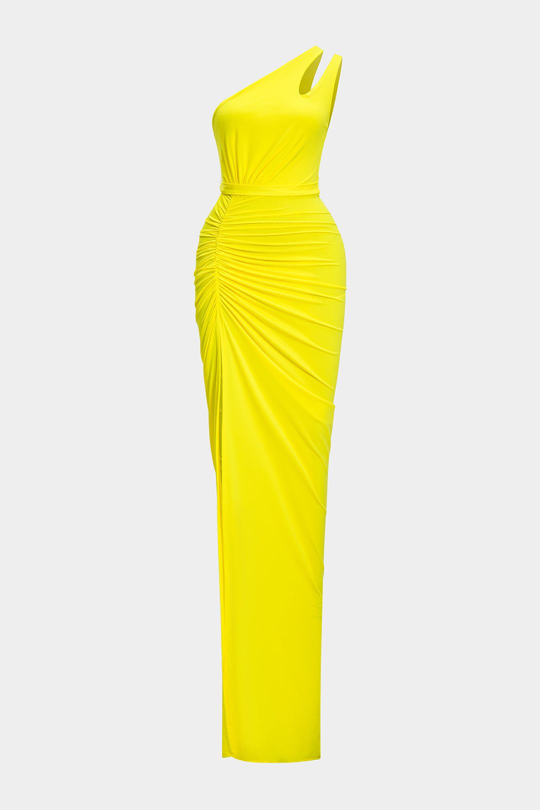 Satin High Slit Ruched Asymmetrical Maxi Dress