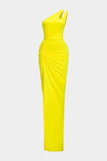 Satin High Slit Ruched Asymmetrical Maxi Dress