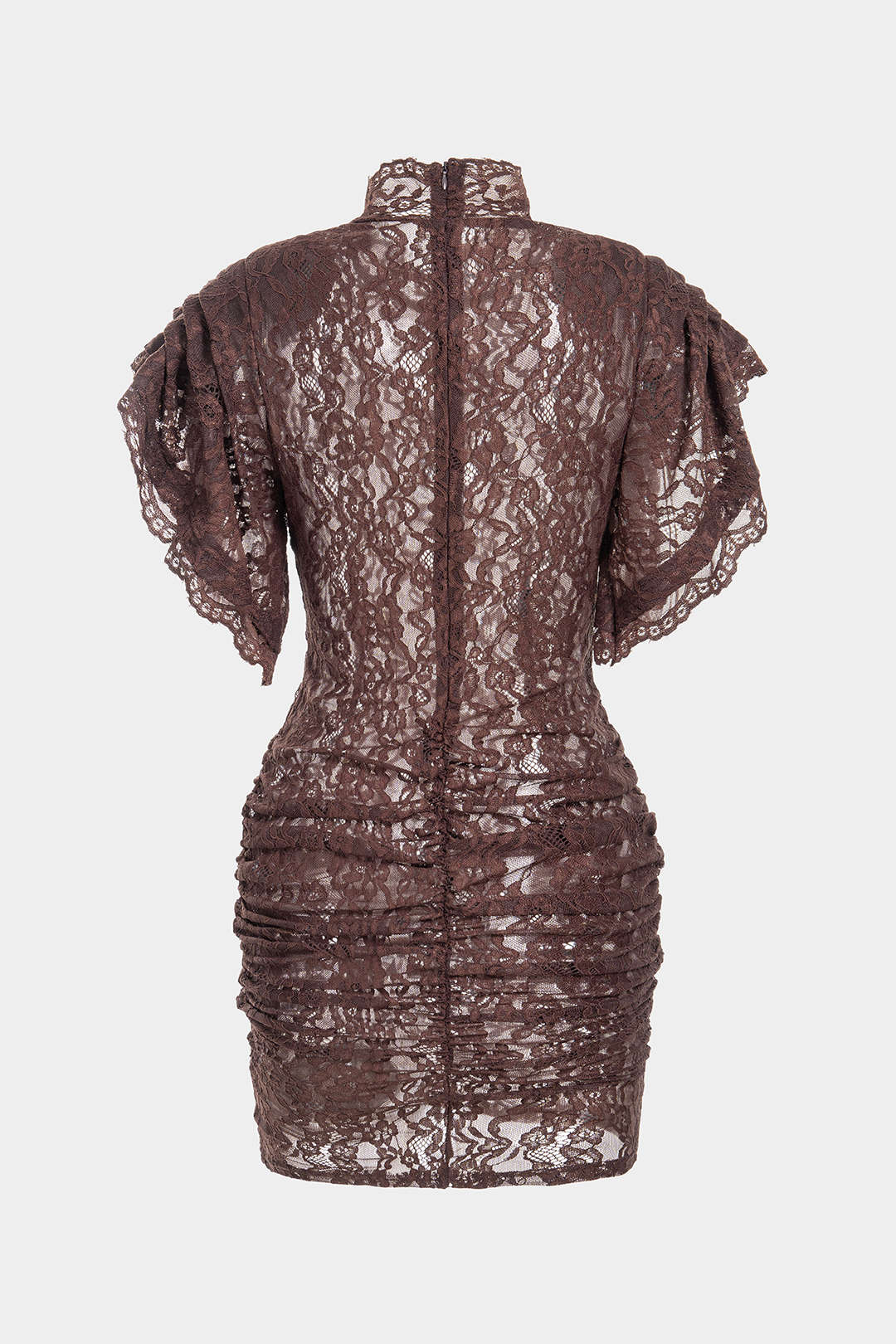 Sheer Lace Mock Neck Ruched Short Sleeve Mini Dress