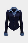 Cable Knit Patchwork Button Long-Sleeve Top