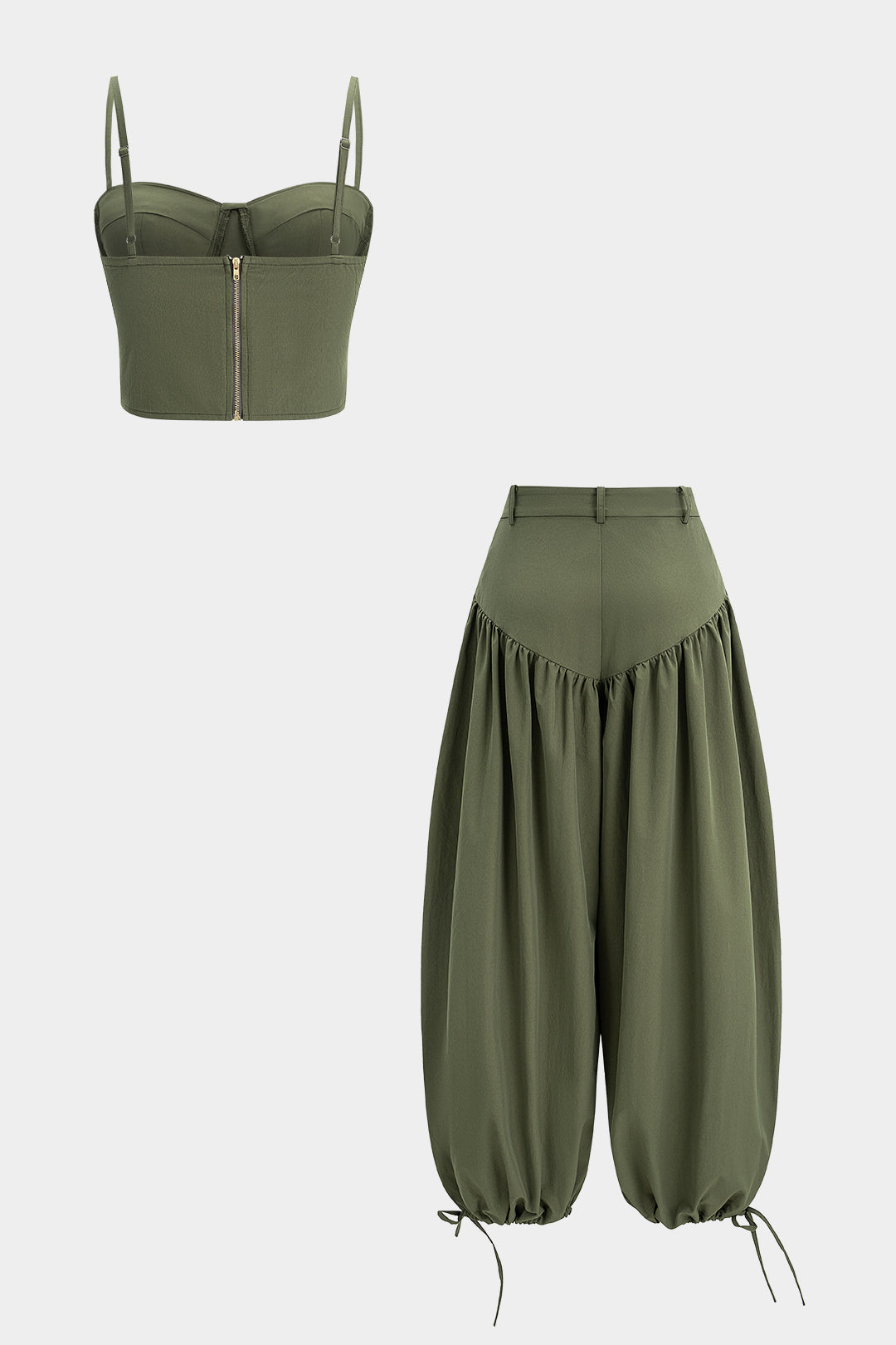 Solid Zipper Cami Top And Round Drawstring Balloon Pants Set