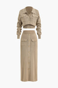 Cropped Button-Up Knit Top And Maxi Skirt Set