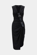 Ruched V-Neck Slit Asymmetrical Sleeveless Midi Dress