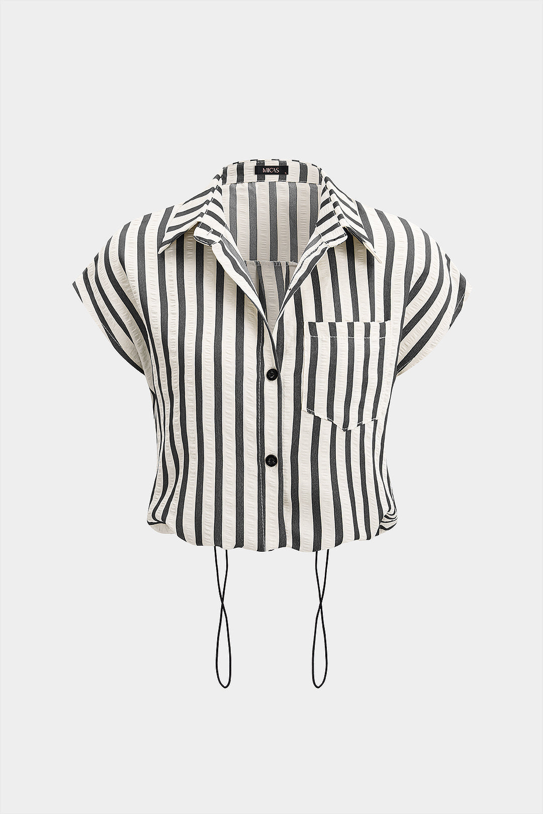 Stripes Print Lapel Button Drawstring Short-Sleeve Shirt