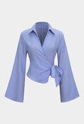 Stripes Print V-Neck Tie-Up Long-Sleeve Shirt