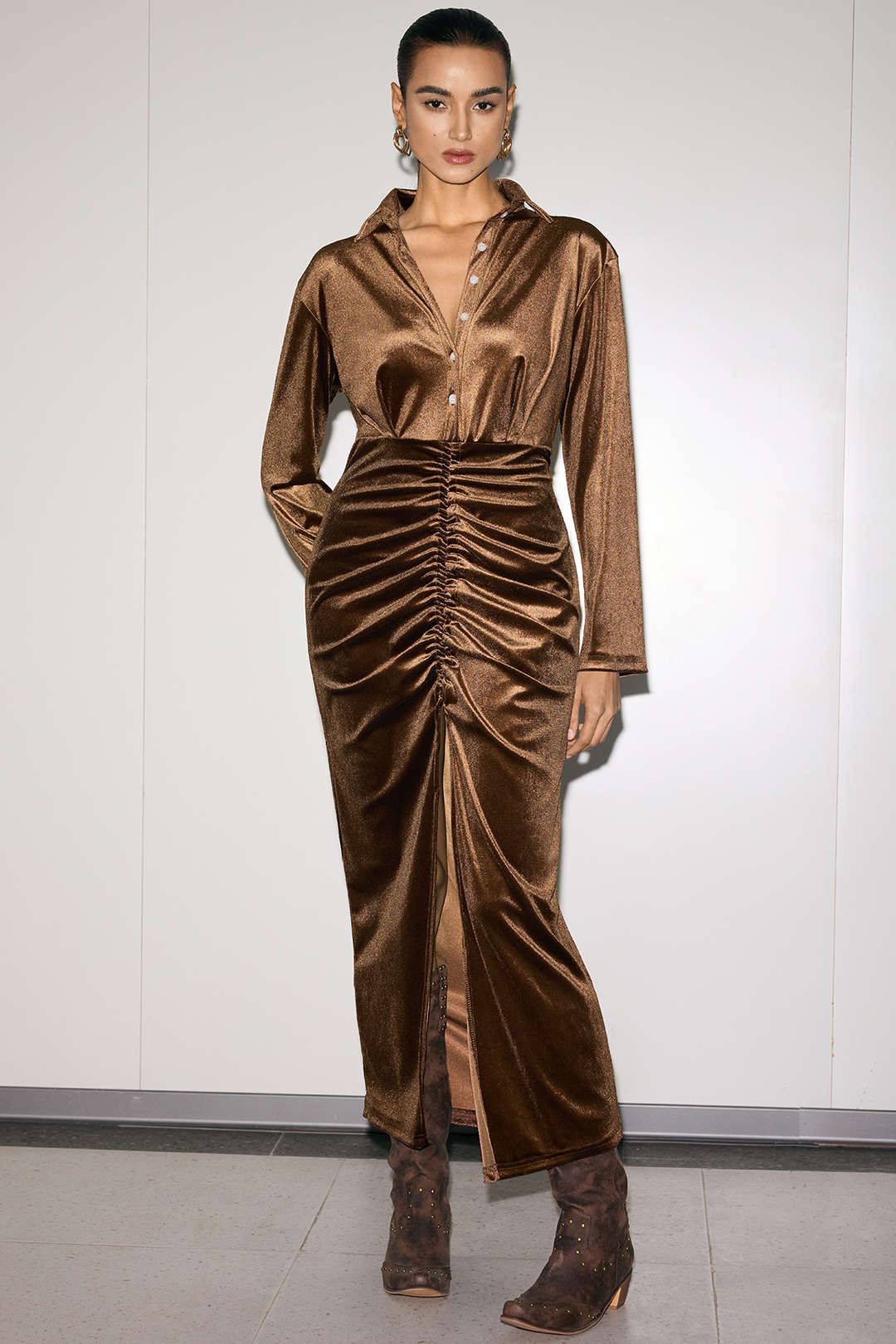 Velvet Ruched Lapel Button Slit Long Sleeve Midi Dress
