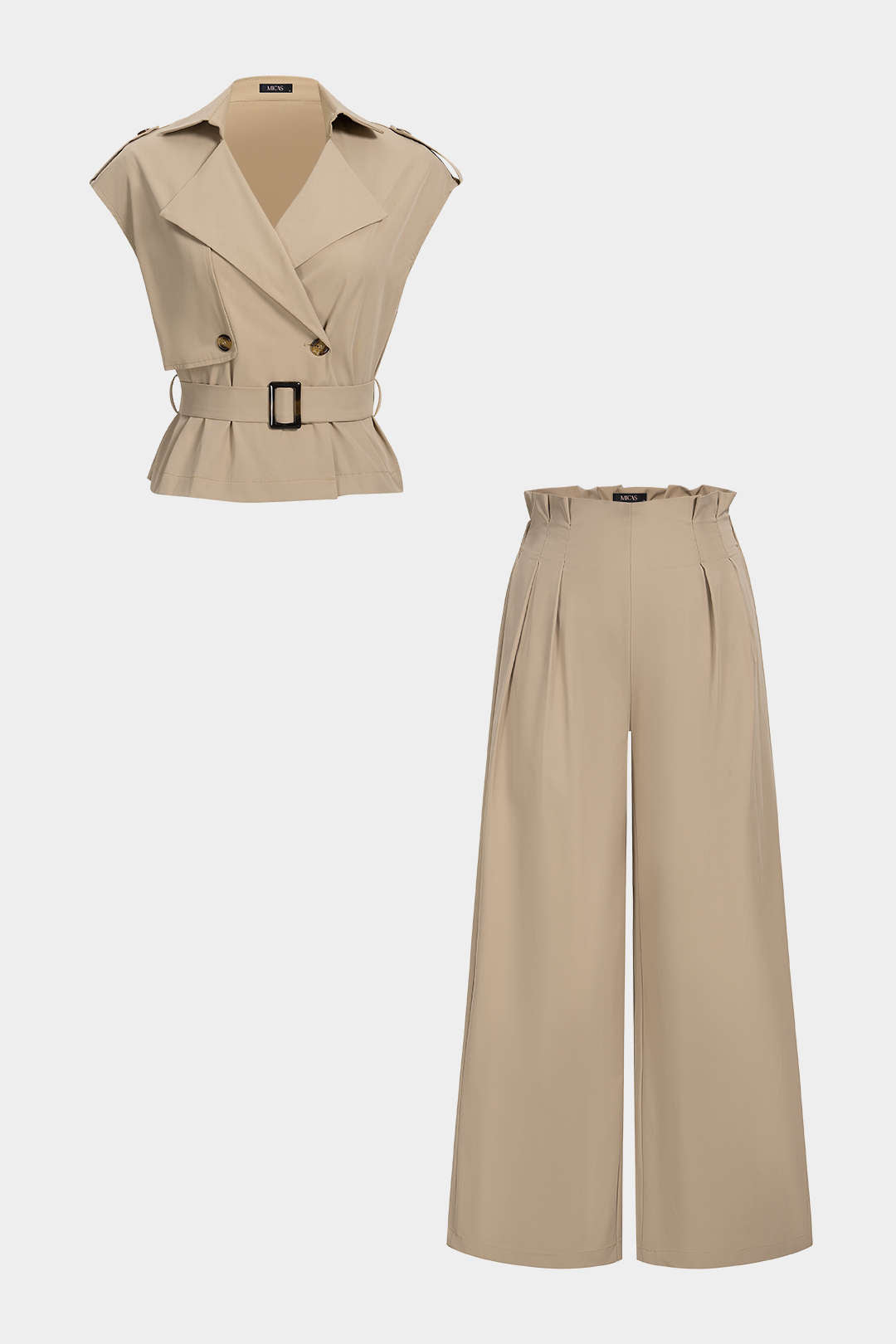 Lapel Belted Button Belted Tank Top And Straight Leg Pants Set