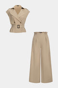 Lapel Belted Button Belted Tank Top And Straight Leg Pants Set