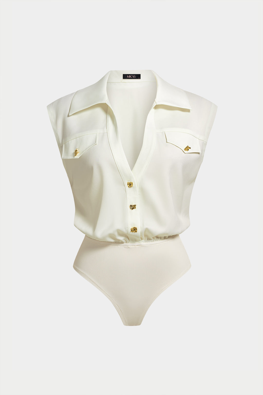 Lapel V-Neck Button Sleeveless Bodysuit