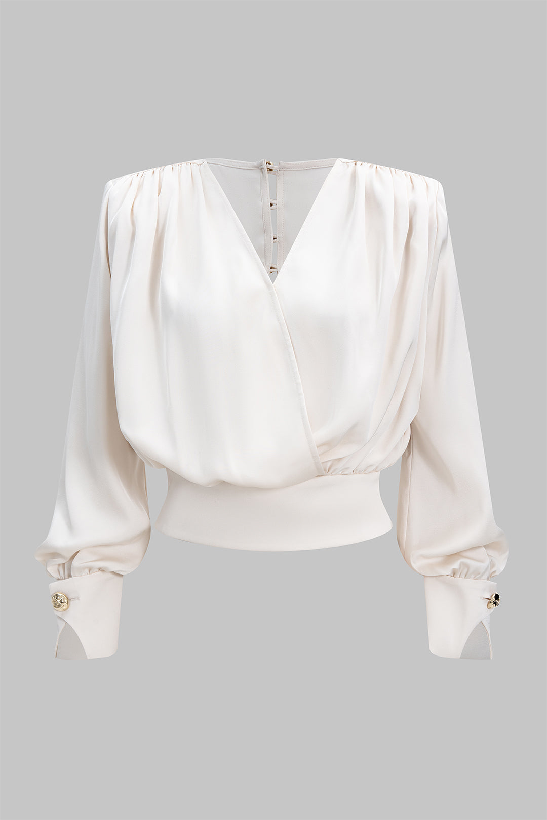Satin V-Neck Ruched Long-Sleeve Shirt