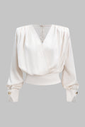 Satin V-Neck Ruched Long-Sleeve Shirt