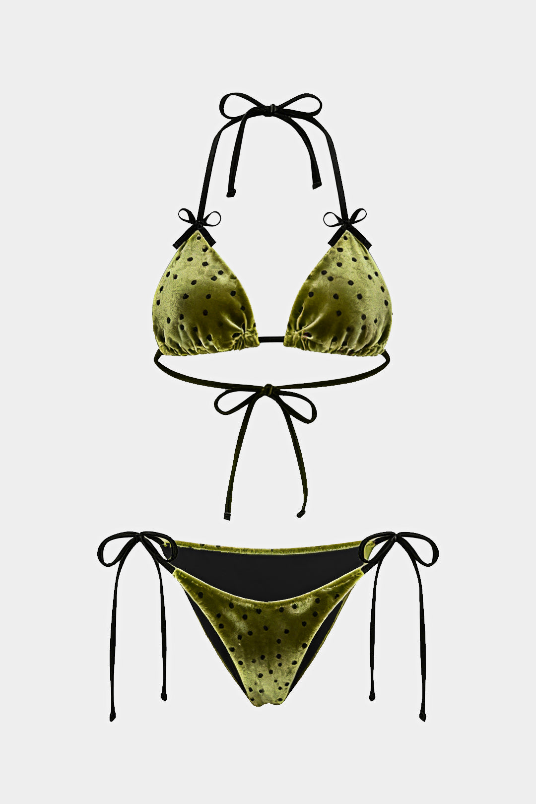 Polka Dots Print Velvet Bow Tie-Up Bikini Set