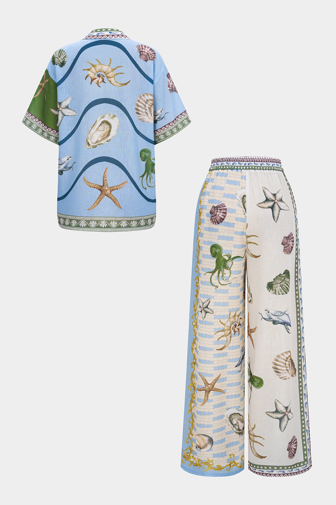 Ocean Print Satin Button Short Sleeve Shirt And Shirred Waistband Wide Leg Pants Set