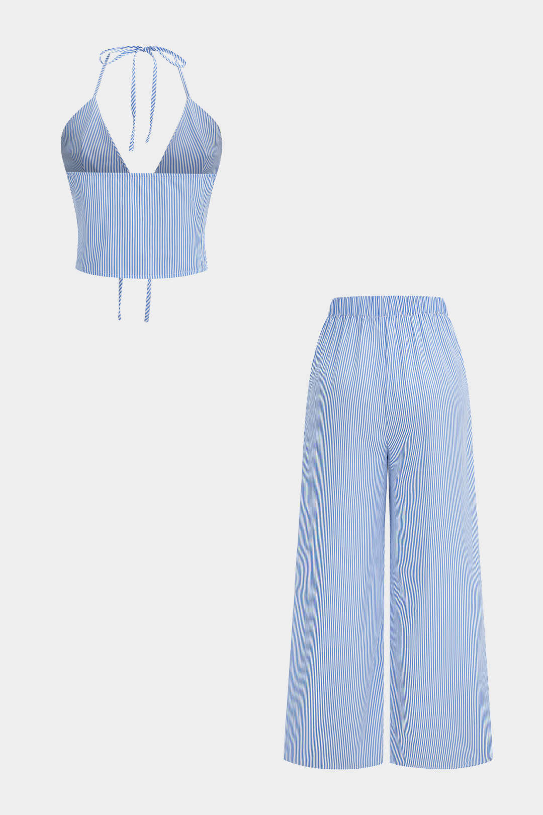 Stripes Print Halter Neck Tie-Up Cami Top And Wide Leg Pants Set