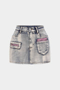 Denim Zipper Patchwork Washed Skirt