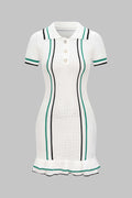 Knit Contrast Button Ruffle Short Sleeve Dress