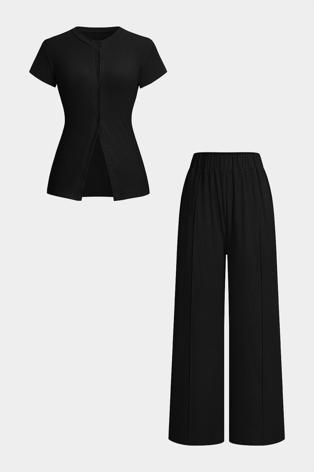 Solid Round Neck Button Short Sleeve Top And High Waist Pants Set