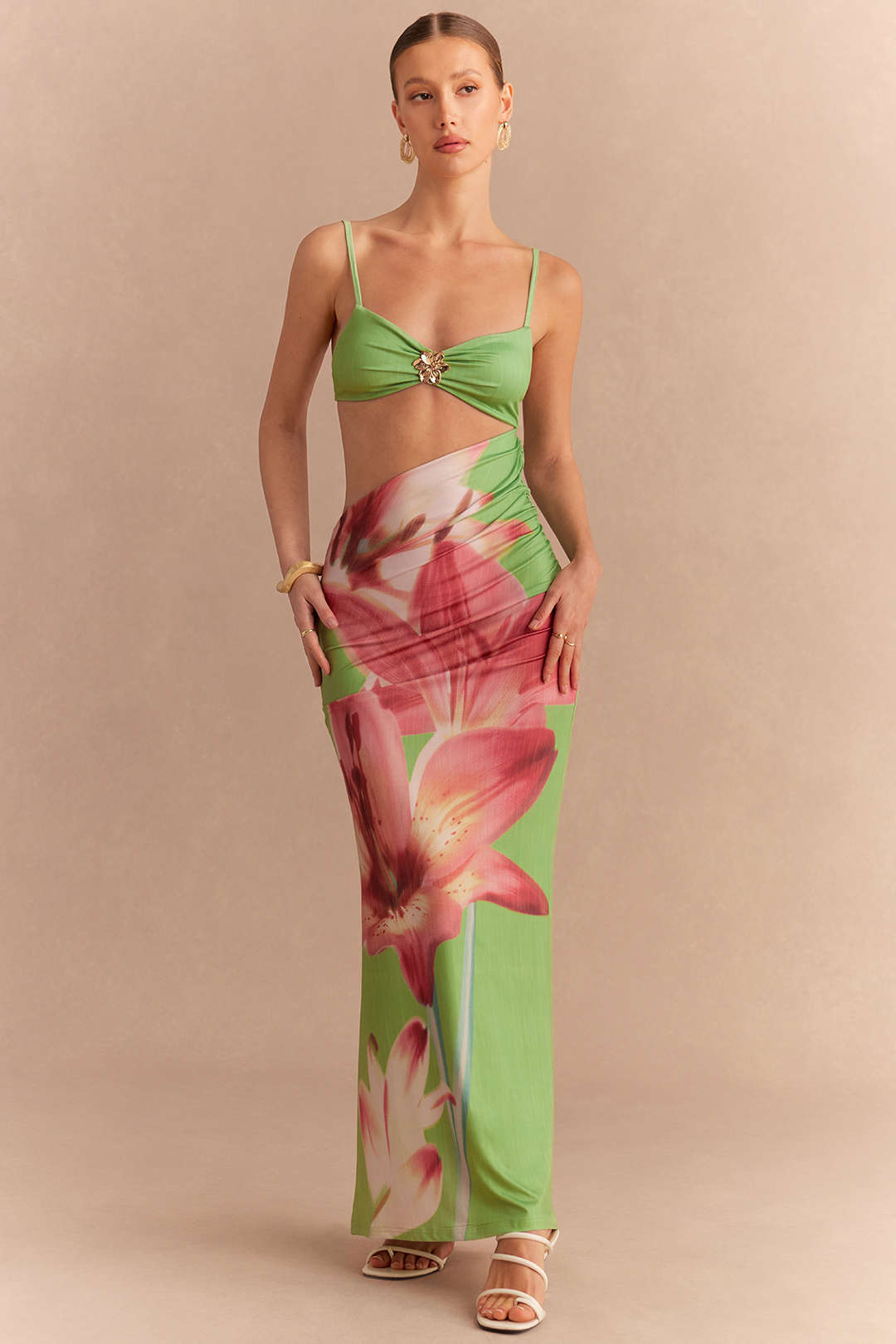 Floral Print Cut Out Sleeveless Maxi Dress