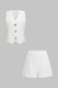 V-Neck Metallic Button Vest And Wide Leg Shorts Set