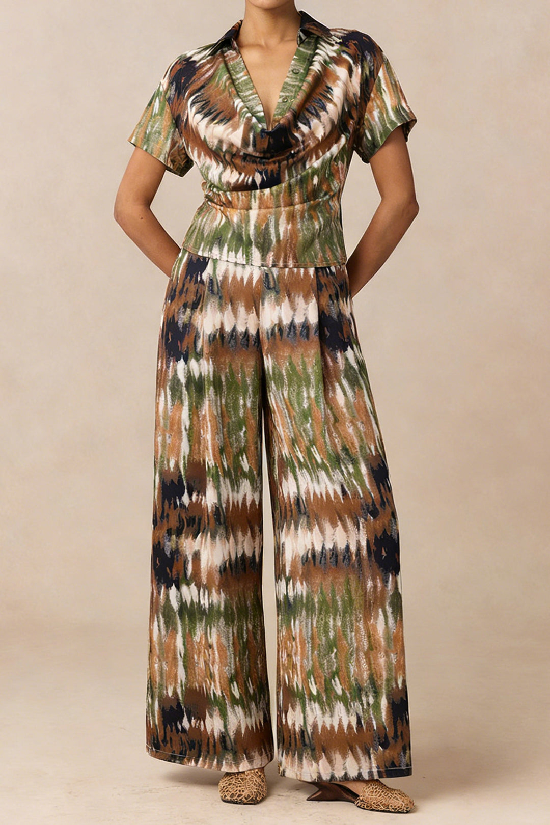 Ombre Print Satin Draped Cowl Neck Short Sleeve Top