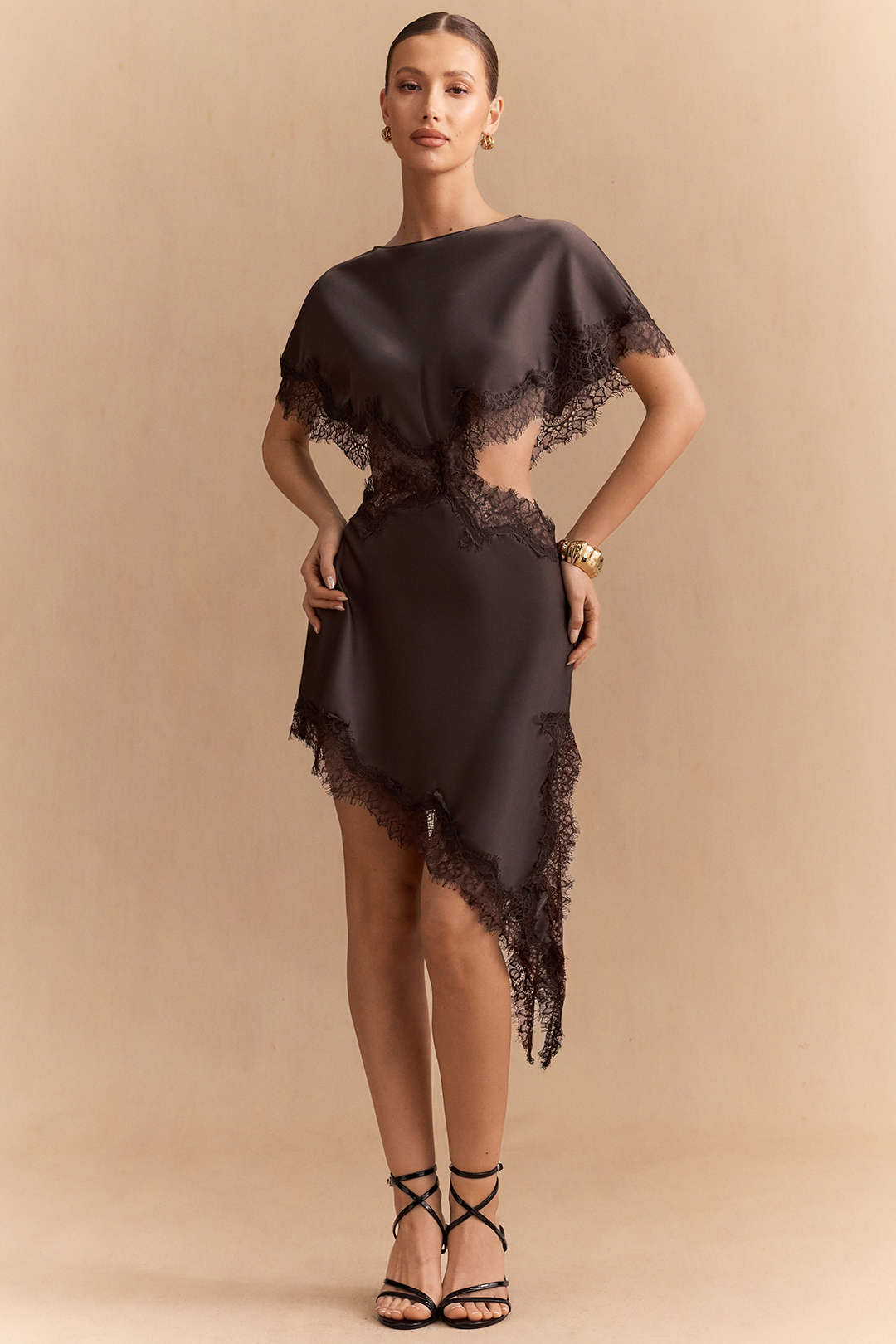 Satin Patchwork Lace Trim Cut Out Short Sleeve Midi Dress