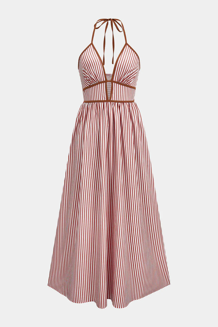 Contrast Stripes Print V-Neck Halter Neck Sleeveless Maxi Dress